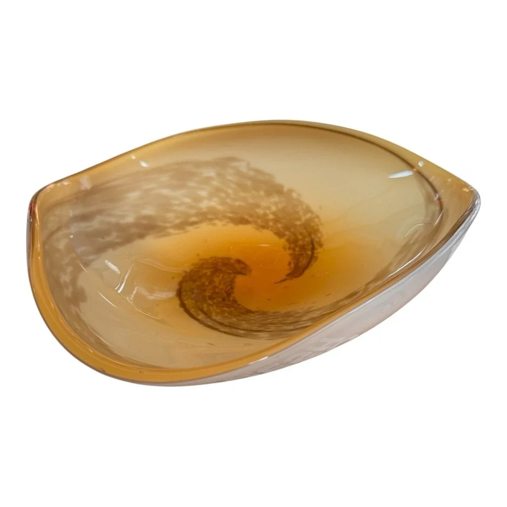 MCM Murano Glass Bowl Yellow Over White Cased with Swirls Gold Glitter‎ Italian